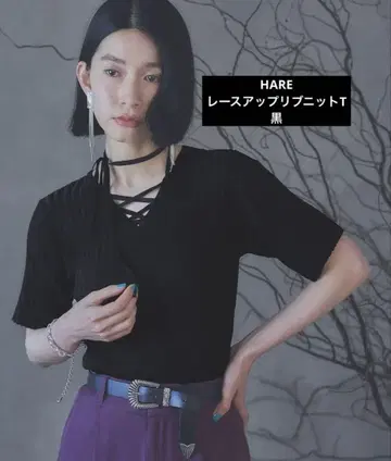 [거의 미사용] HARE 레이스업 리브 니트 T 블랙