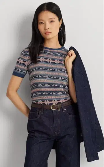 LAUREN RALPH LAUREN 지오 스트라이프 숏 슬리브 스웨터