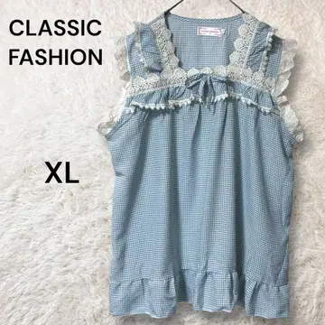 CLASSIC FASHION 깅엄 체크 슬리브리스 탑 스카이블루 XL