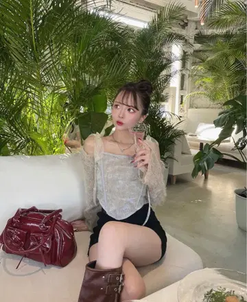 얇은 명주 그물 어깨 리본 레이스 디자인 2way 상의 elmyu