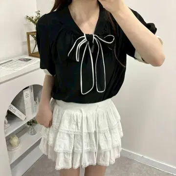 새상품 귀여운 반팔 블라우스 셔츠 블랙 L 여성용