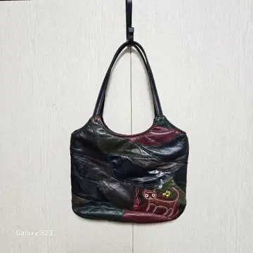 No.420 음표와 고양이 자수 가죽 핸드백 천연 가죽 염소 가죽 블랙