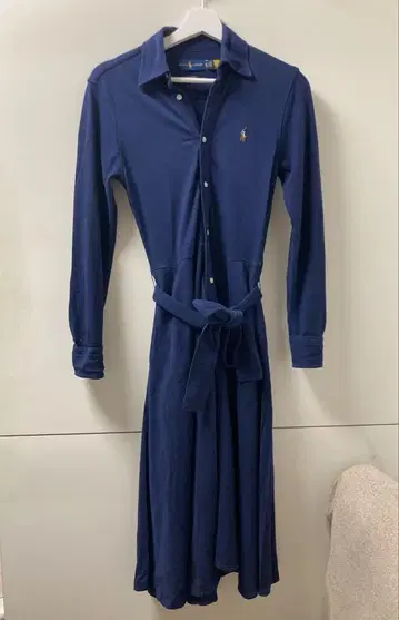 랄프 로렌 폴로 셔츠 원피스 벨트 로고 자수 A 라인 네이비