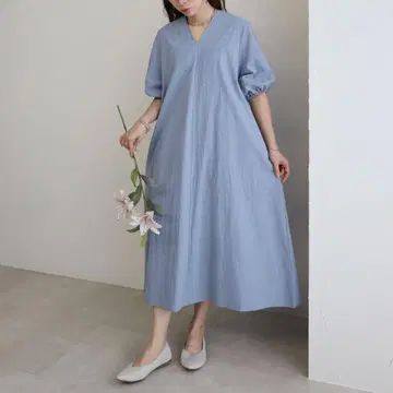 V 넥 소매 벌룬 A 라인 원피스 블루 벌룬 소매 롱 원피스