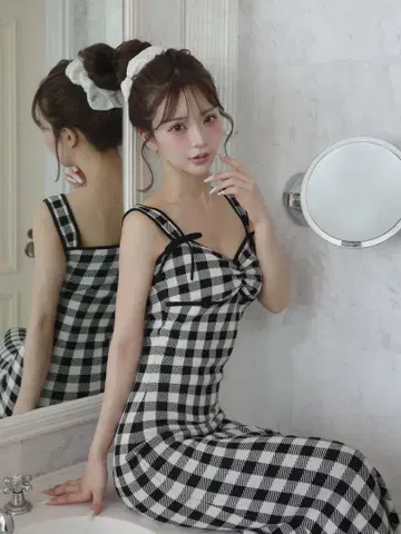 다리치 깅엄 자카드 니트 롱 원피스