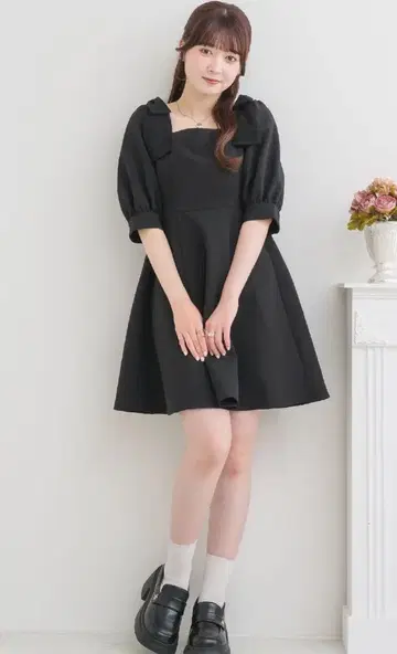 ems excite 블랙 원피스 어깨 리본 튜닉 OP RetroGirl