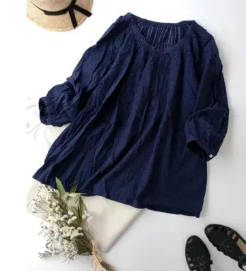 nest Robe 자카드 래글런 슬리브 튜닉 블라우스 네이비