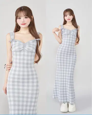 다리치 깅엄 자카드 니트 롱 원피스
