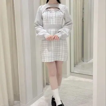 evelyn 리본 체크 타이트 OP 원피스 그레이