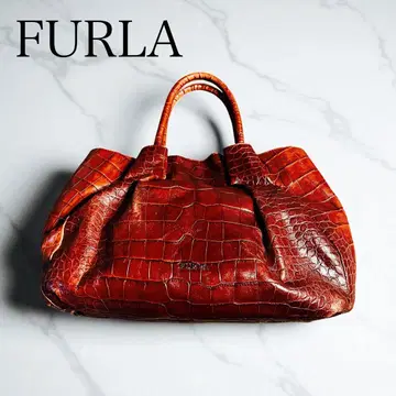 FURLA 훌라 악어 엠보싱 가죽 핸드백 브라운 대용량