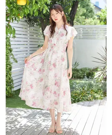 꽃무늬 프릴 소매 롱 원피스