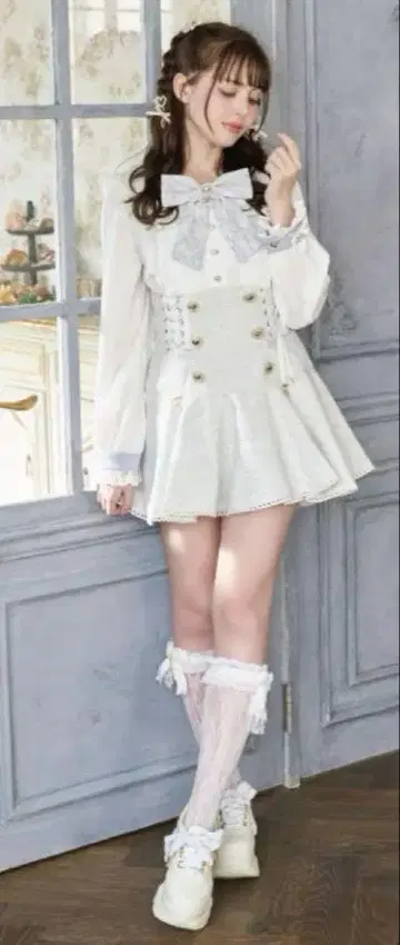 LIZLISA 메시 리본 트위드 셋업 블루 스카이블루