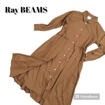 Ray BEAMS 플리츠 절개 셔츠 원피스 긴팔 맥시 길이