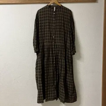 TUTIE 브라운 체크 린넨 셔츠 원피스