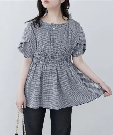 osono 트위스트 소매 페플럼 튜닉 깅엄 체크