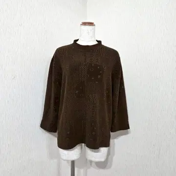 올 패턴 자카드 브라운 티셔츠, 사이드 슬릿 (F)