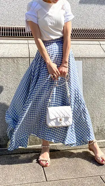 JENNE 에어리 프렌치 플레어 스커트 블루 체크 L