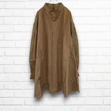 AMERI 브라운 긴팔 원피스 F 이소재 절개 무지 플리츠 오프 넥