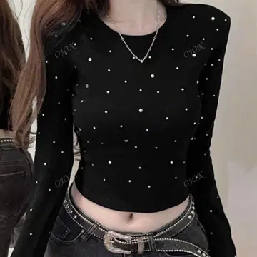 큐빅 장식 슬림 핏 긴팔 티셔츠