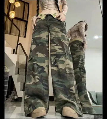 SHEENA 접이식 허리 카모플라주 팬츠 카고 맨투맨 와이드