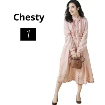 새상품급 chesty 체스티 스캘럽 자수 원피스 롱 핑크 1