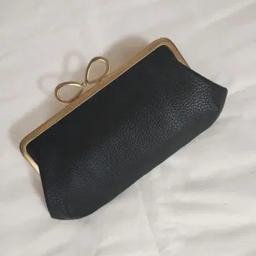 부모와 아이 가마구치 지갑 (18cm) 블랙 가죽 리본 입구 앤틱 골드