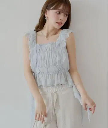 Chico 레이스 드롭 프릴 셔링 블라우스 블루