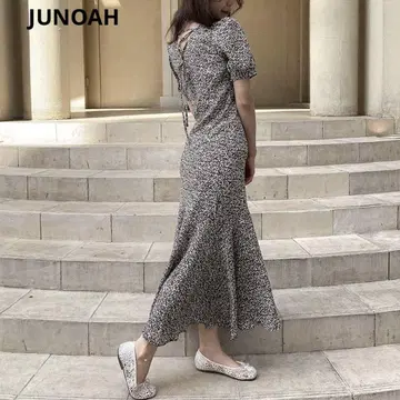 JUNOAH 머메이드 V넥 퍼프 슬리브 원피스
