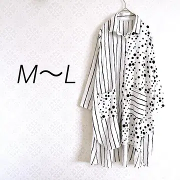 긴팔 셔츠 블라우스 M~L 화이트 블랙 도트 무늬 스트라이프 빅 사이즈