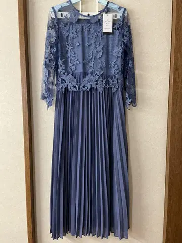 블루 레이스 플리츠 드레스 L 결혼식 경사