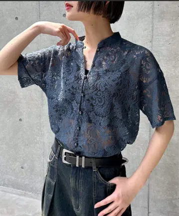PAGEBOY 레이스 밴드 카라 셔츠 레이스 와이드 팬츠 셋업