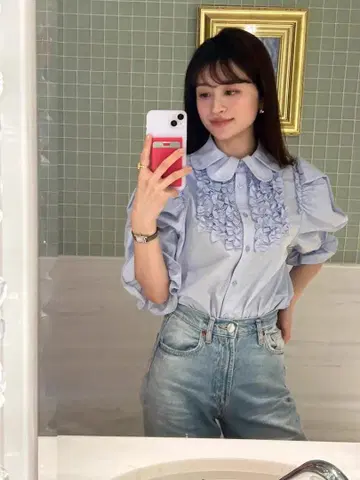 CORA PUFF BLOUSE 화이트 블루 새상품