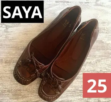 SAYA 새상품급 브라운 천연 가죽 빈티지풍 플랫슈즈 스퀘어토 25