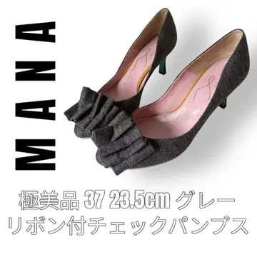 MANA 펌프스 37 23.5cm 리본 체크 무늬 캔버스 원단