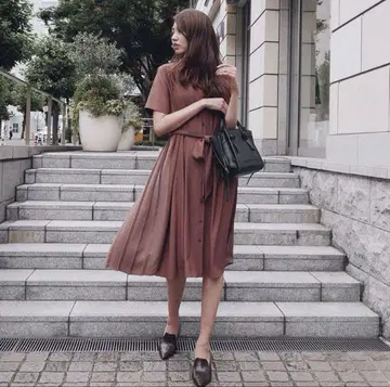 rienda 리엔다 백 플리츠 셔츠 원피스 M 브라운