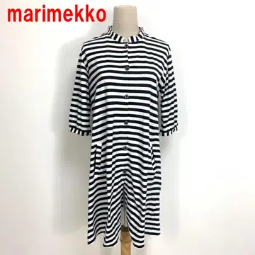 A6564 마리메꼬 7부 소매 원피스 롱 면 보더 블랙 화이트 M