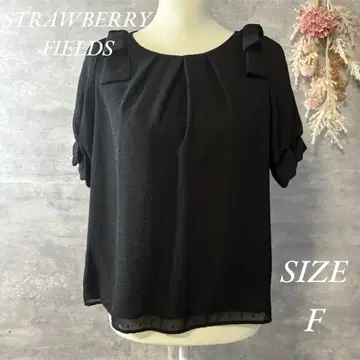 스트로베리 필드 어깨 리본 쉬폰 블라우스 반팔 도트 블랙