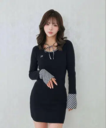 Darich 다리치 체크 리본 니트 미니 원피스 BLK