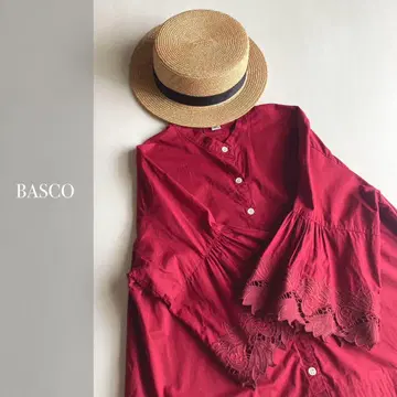 BASCO 바스코 자수 레이스 핀턱 노카라 블라우스
