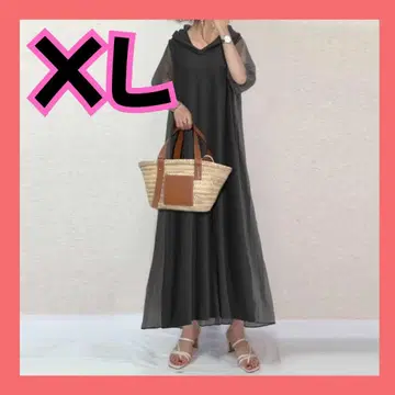 시어 롱 원피스 후드티 쉬폰 반팔 백 플리츠 블랙 XL