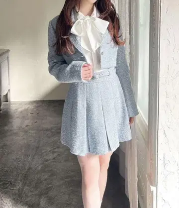 리젝시 트위드 크롭 자켓 미니 스커트 셋업 블루