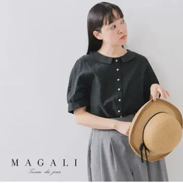 MAGALI 체크 무늬 반팔 셔츠 코튼 린넨 면 린넨