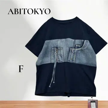 ABITOKYO 데님풍 반팔 티셔츠 데님 절개 네이비 프리
