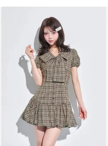 Darich 빅 리본 벌룬 체크 미니 원피스