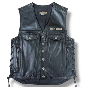 미사용급 HARLEY-DAVIDSON 천연 가죽 베스트 바이커 자수