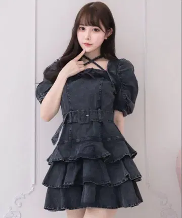 pium 데님 프릴 미니 원피스