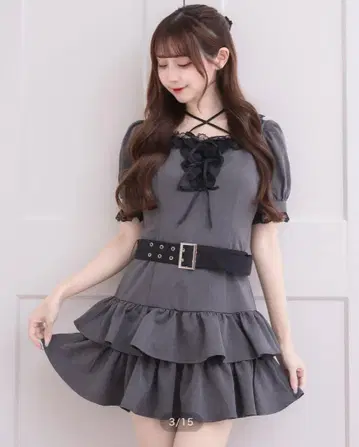 pium 레이스 프릴 티어드 미니 원피스 차콜