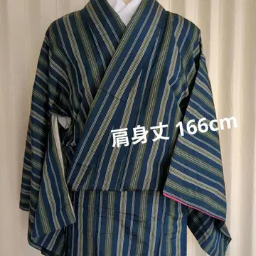 코몬 기모노 파랑과 그린 스트라이프
