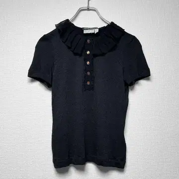 살바토레 페라가모 반팔 프릴 블라우스 니트 피케 셔츠 바라 리본