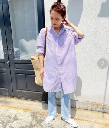Spick and Span 보일 스트라이프 롱 루즈 셔츠 퍼플